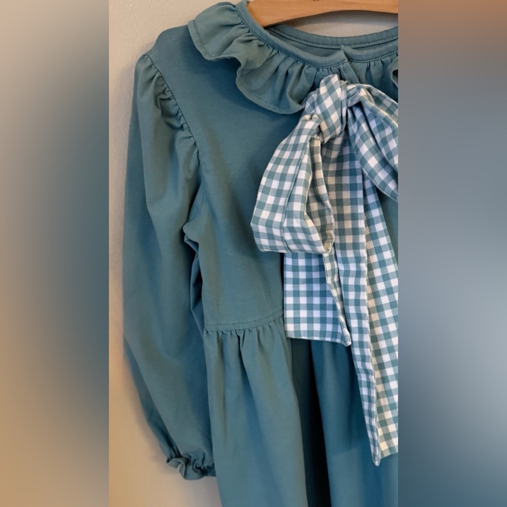 Shrimp & Grits Kids Tunic Top Girl’s 10 M Boutique Green Ruffle Checked Bow Tie - Picture 3 of 5